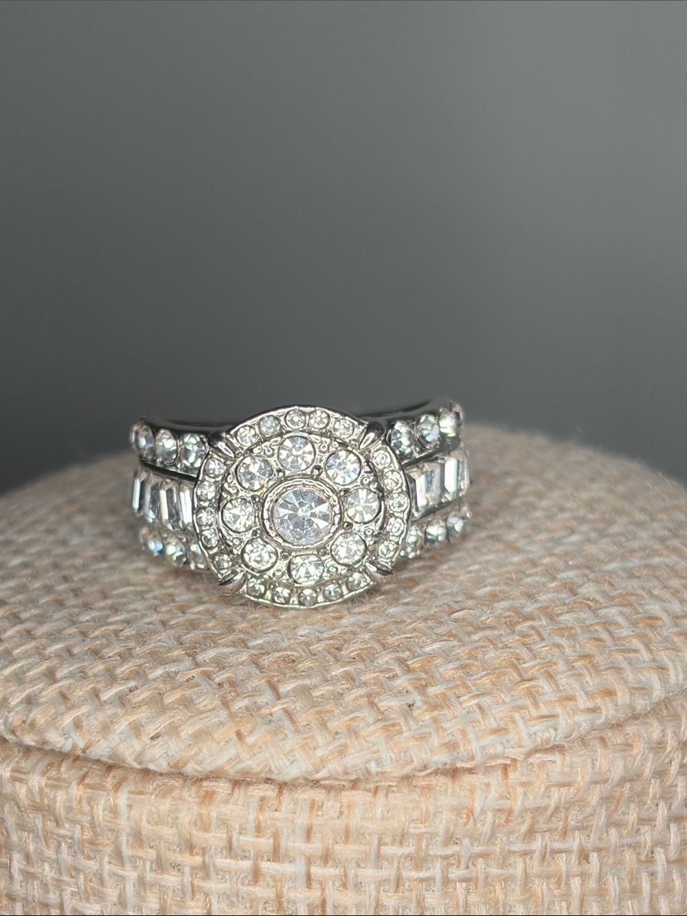 Silvertone Crystal Halo Cocktail Ring - Sz 6